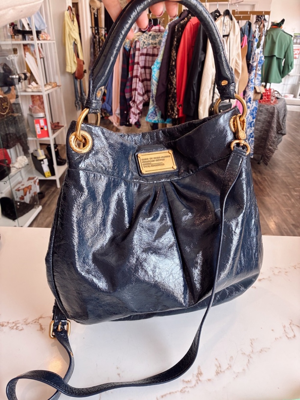 Marc By Marc Jacobs Navy And Gold Patent Leather Hobo Bag